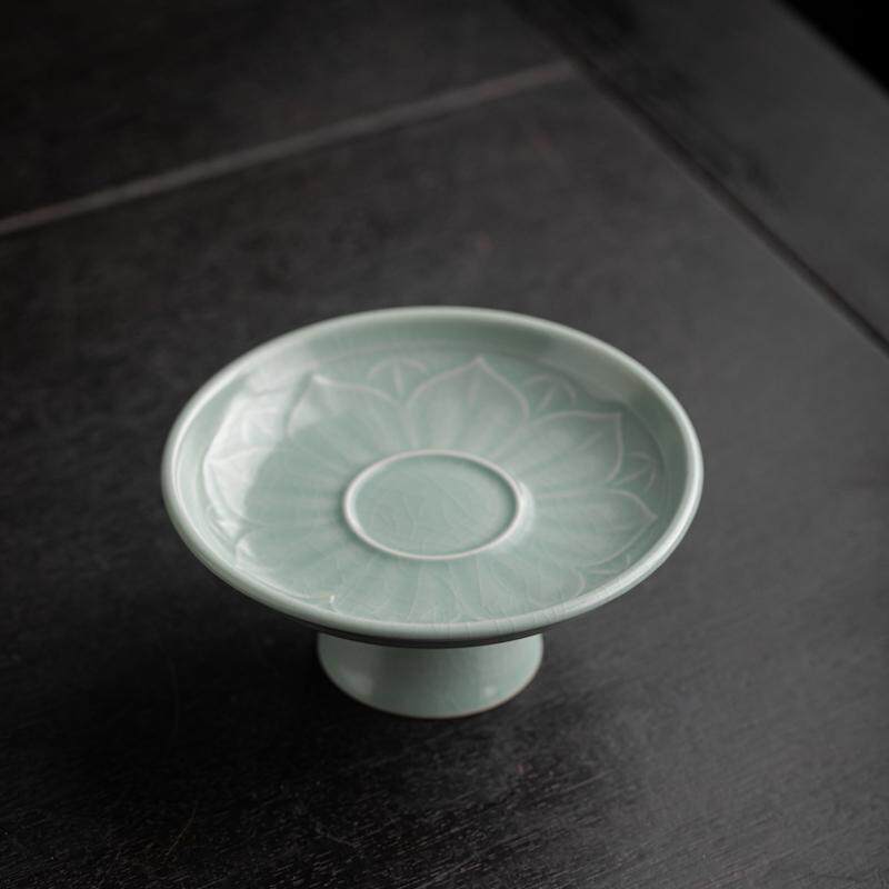 汝窑莲瓣高足盘茶席瓜果盘仿古豆青釉壶承底座茶点盘