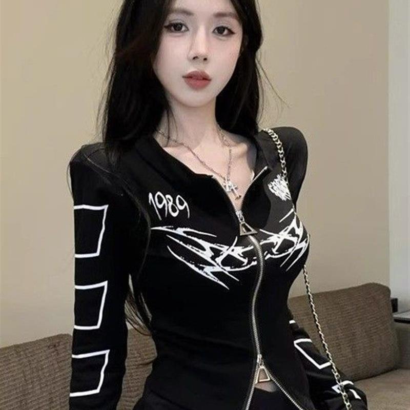 ins性感纯欲印花上下拉链长袖外套春秋时尚辣妹开衫长袖上衣女T潮