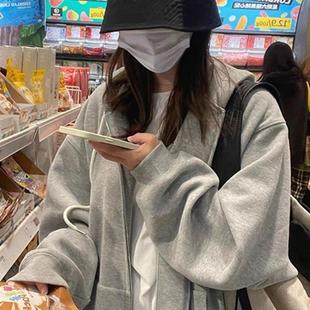 重磅鱼鳞春秋BM风新款 潮 宽松休闲连帽外套oversize卫衣女拉链开衫