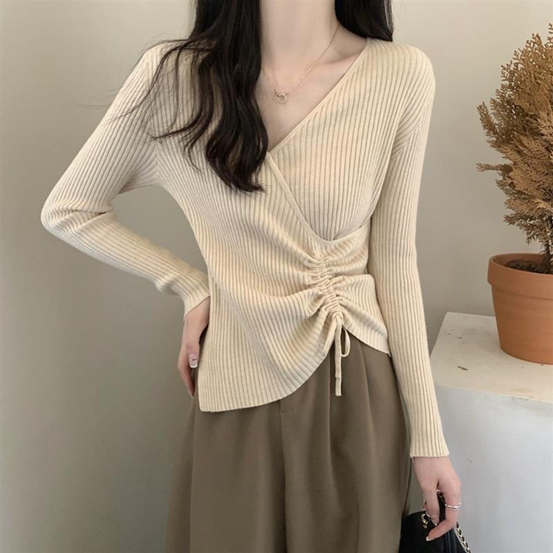 法式交叉修身内搭抽绳针织衫打底上衣女2025秋冬季显瘦V领毛衣潮