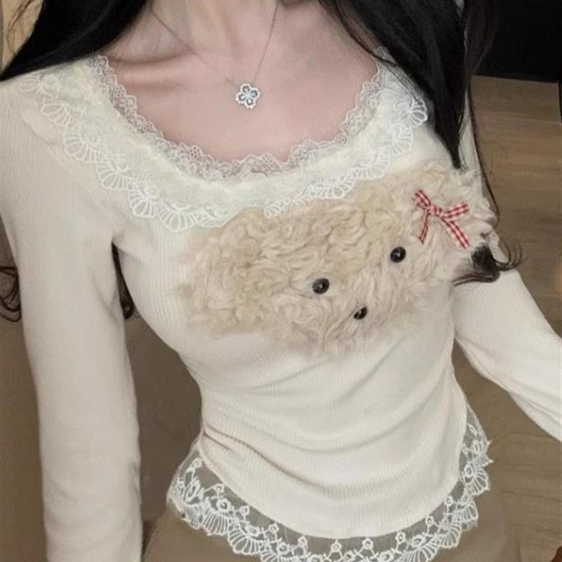 ins纯欲德绒保暖小狗蕾丝拼接打底上衣女春秋修身甜辣性感上衣女T