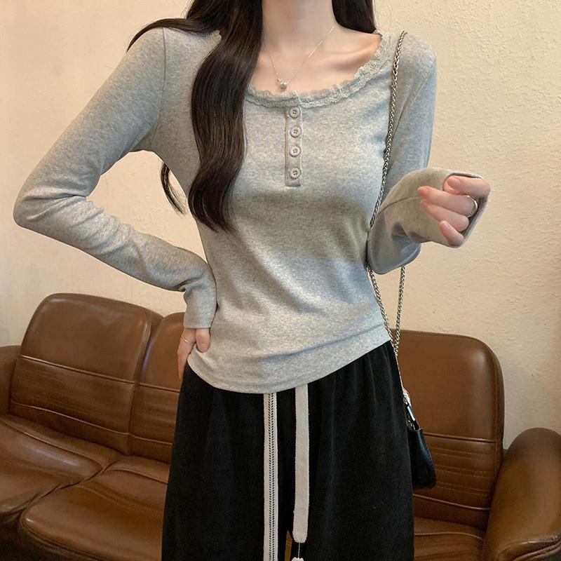 实拍1*1螺纹210G长袖t恤女2025秋季薄款蕾丝修身打底衫圆领上衣