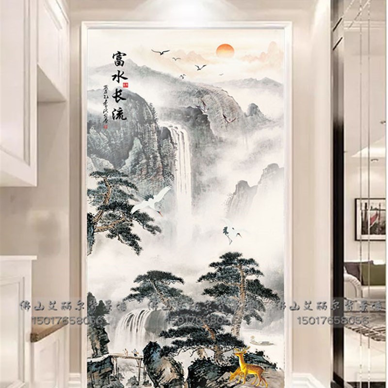 过道玄关瓷砖背景墙岩板微晶石大理石立体简约山水迎客松流水生财