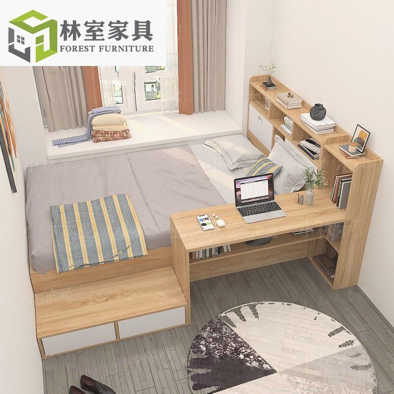 床头书柜一体小户型日式榻榻米床带书桌高箱组合实木床储物落地床图片