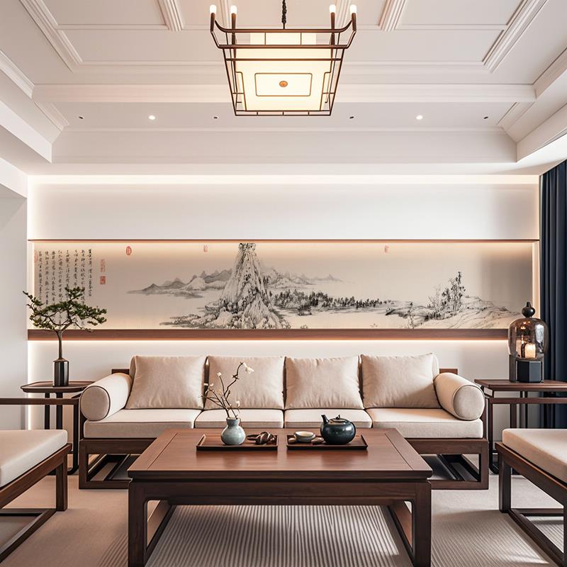 宋代美学禅意客厅装饰画茶室新中式墙纸墙布细窄长条画山水画壁画