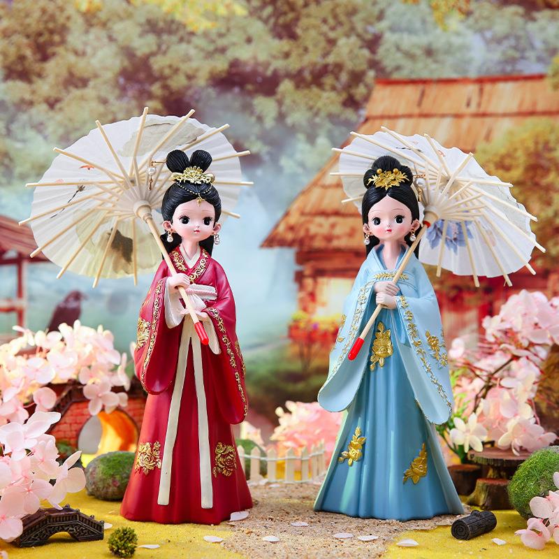 国潮古风汉服女孩摆件大号复古宫廷风撑伞娃娃创意家居装饰摆件