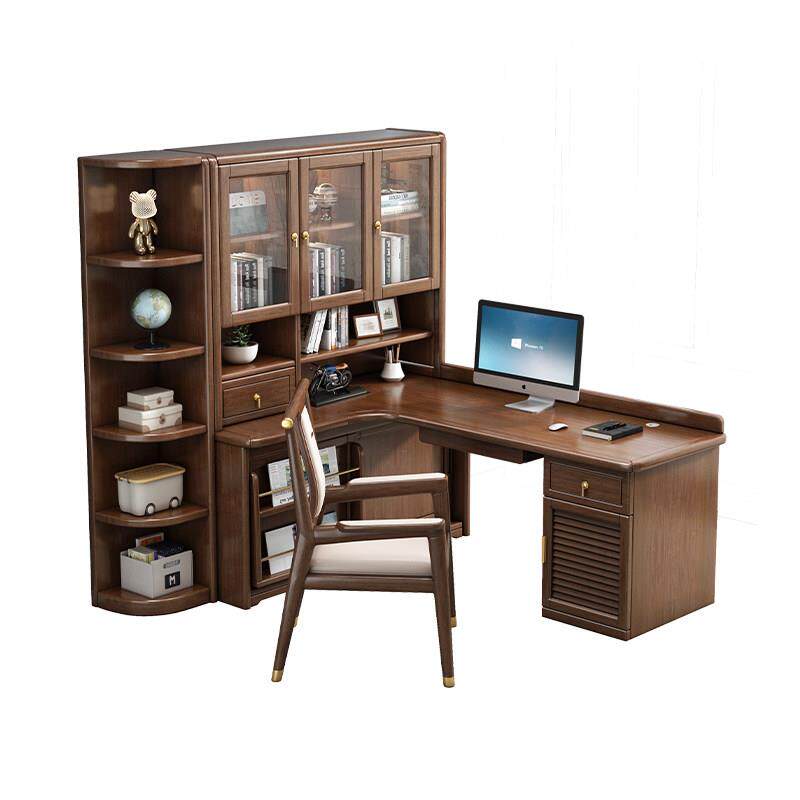 新中式实木转角书桌一体书架书柜家用台式电脑桌办公桌写字学习桌
