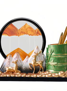 创意办公室桌面节节高升竹子笔筒高档办公桌书桌福鹿流沙画摆件