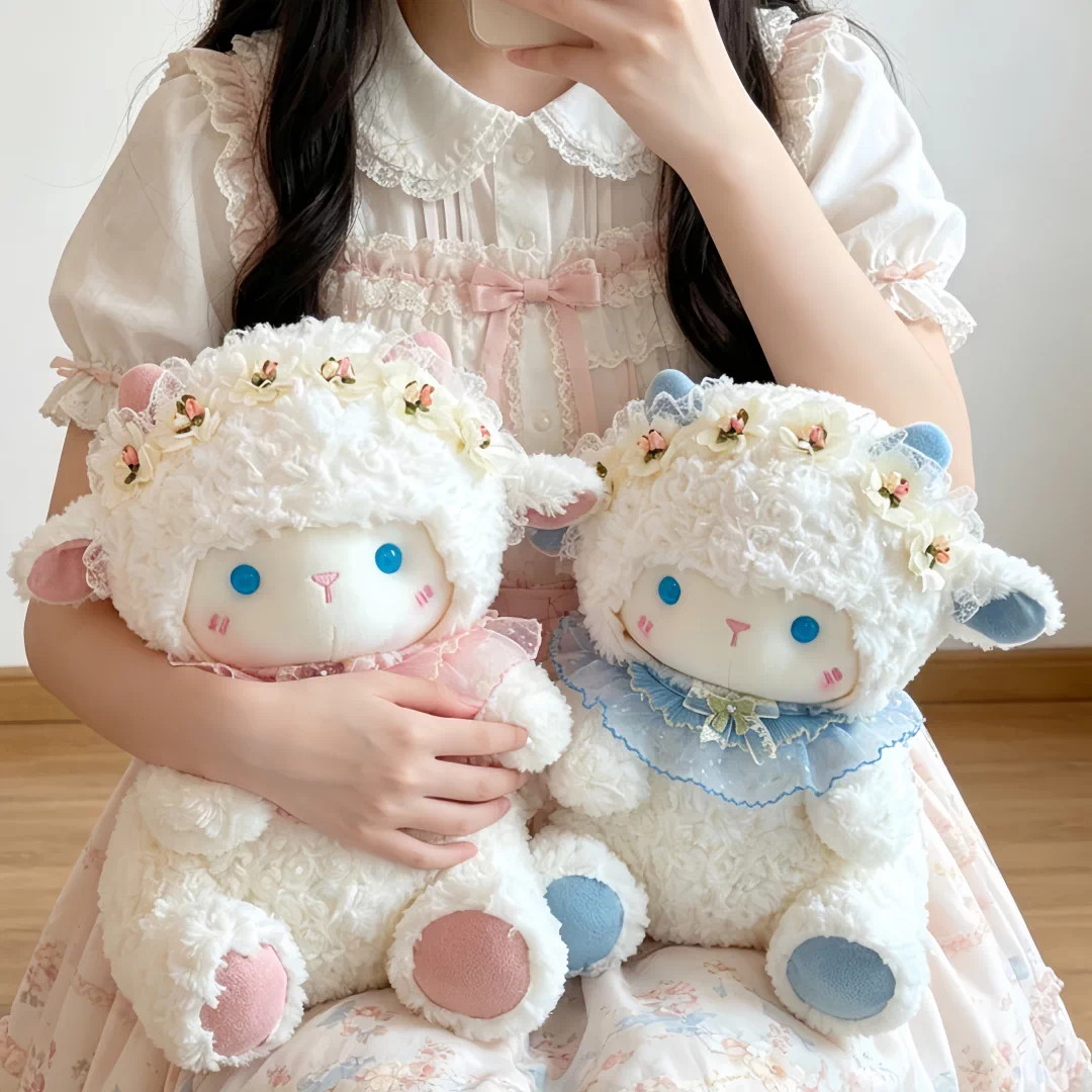 可爱玫瑰花小羊毛绒玩具毛线安抚坐姿羊公仔儿童抱枕玩偶女生礼物