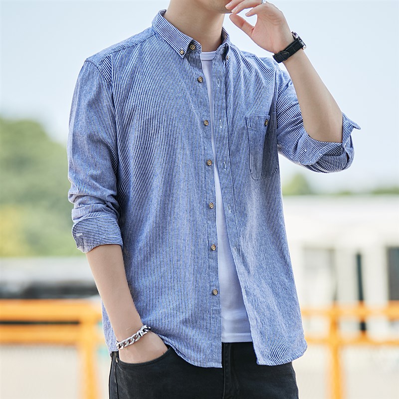秋季男士纯棉条纹长袖衬衫宽松休闲青年韩版寸衬衣U潮上衣大码外