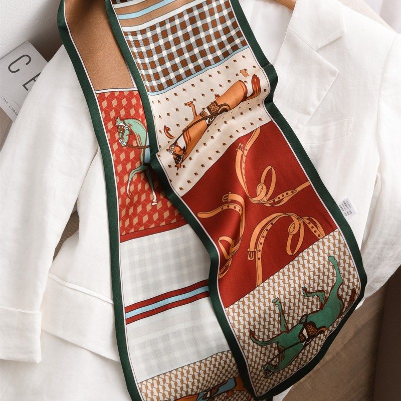 欧美格纹小马双层真丝缎s面围巾桑蚕丝窄长条飘带两面领巾百搭丝