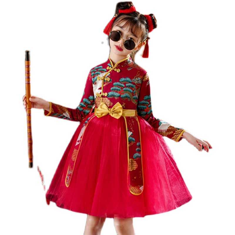 国潮女童旗袍夏季中国风红色洋气儿童礼服高端古R风唐装走秀小女