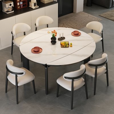 实木岩板餐桌椅2025新款家用小户型复H古吃饭桌椅组合可变圆桌简