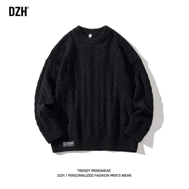 男士咖啡色圆领毛衣男款冬季u加厚针织长袖上衣内搭毛线衣2024新