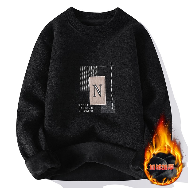 2024新款秋冬季毛衣男士圆领加绒加厚卫衣青少年保W暖长袖T恤刺绣