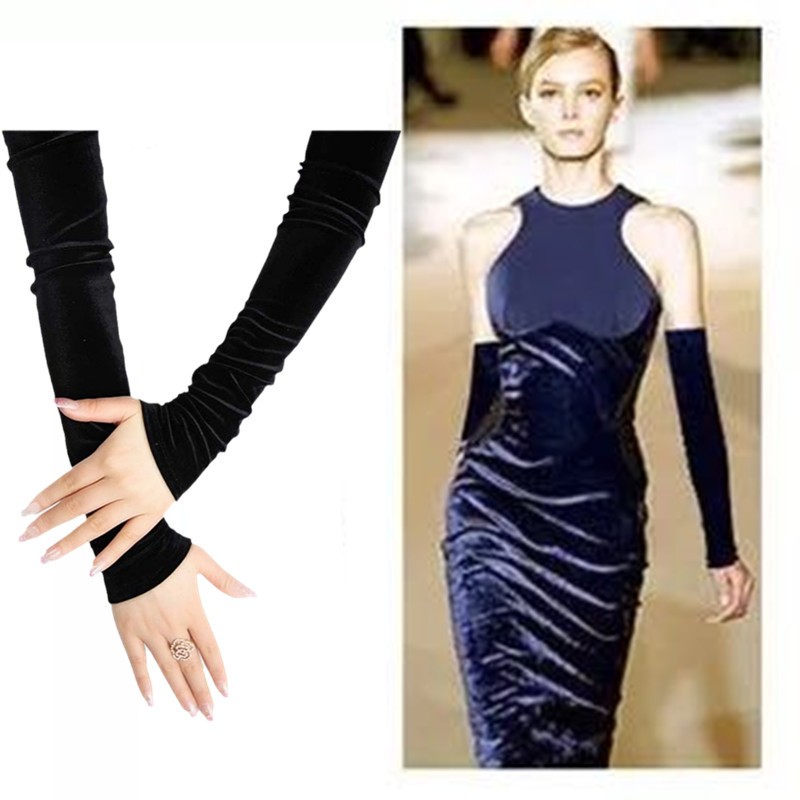 女士金丝绒袖f套长款臂套春季保暖开车防晒胳膊袖筒显瘦黑色假袖