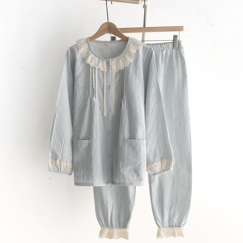 公主风蕾丝花边睡衣女春秋夏季纯棉纱布薄M款长袖九分裤家居服套