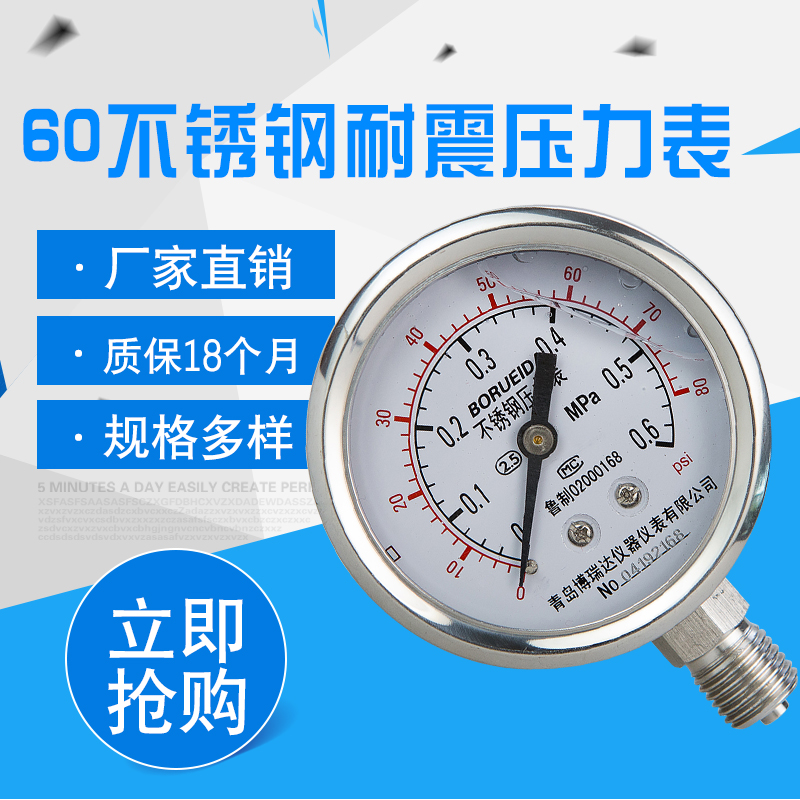 不锈钢压力表Y60全304不锈钢1z.6MPa高精度耐腐蚀氨气耐震压力表