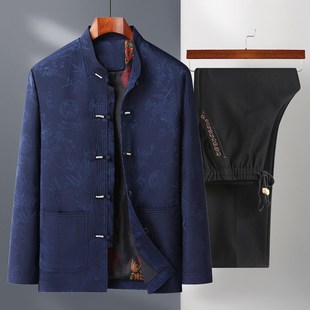 秋冬爷爷外套2023中山装 加绒厚唐装 中老年人男装 爸k爸冬装 汉 套装