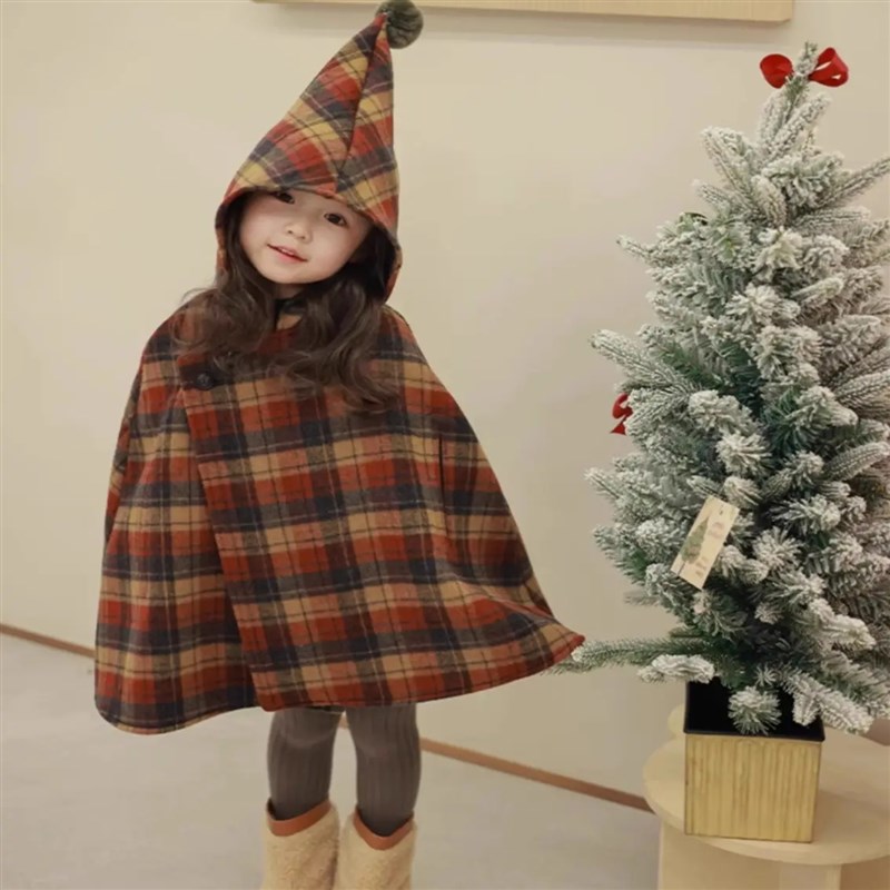 2025秋冬款女童斗篷洋气格子斗篷双F面羊毛呢外套披风保暖呢子大