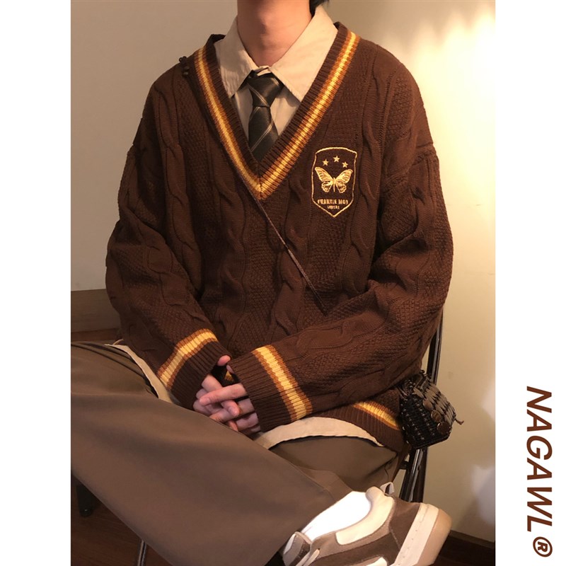 Nagawd冬季美式复古蝴蝶提花宽松日系学院风刺绣V领毛衣男针织衫