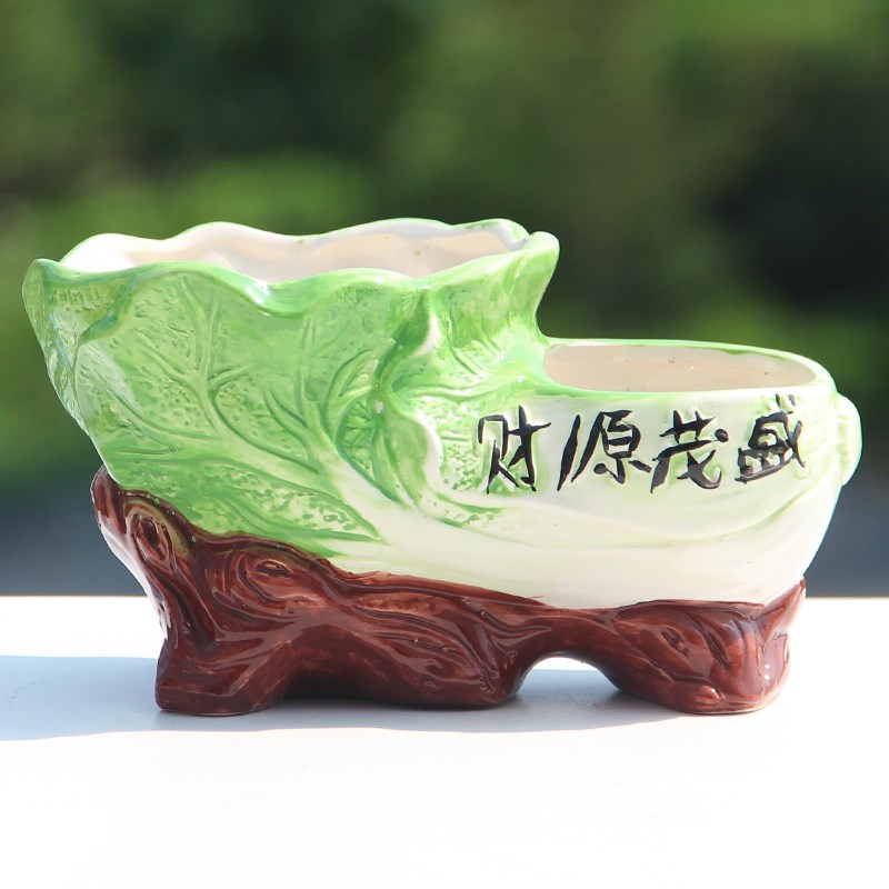 双口连体陶瓷花盆室内发财树盆栽盆景个性复古大白菜造.型多孔花