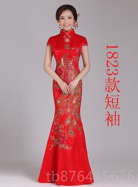正品023新款长款红婚礼服演出服锦缎新娘鱼尾2旗袍敬酒服色冬QP1