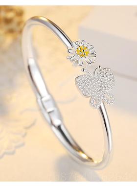 正品蝶恋花 银手镯90足银女小雏菊品环实心光面开口银9镯饰子手送