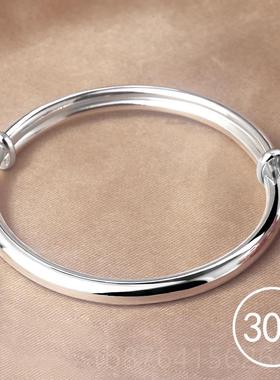 正品拉999银手镯女年轻款宽面手饰光实心镯推面手纯银镯子送妈妈