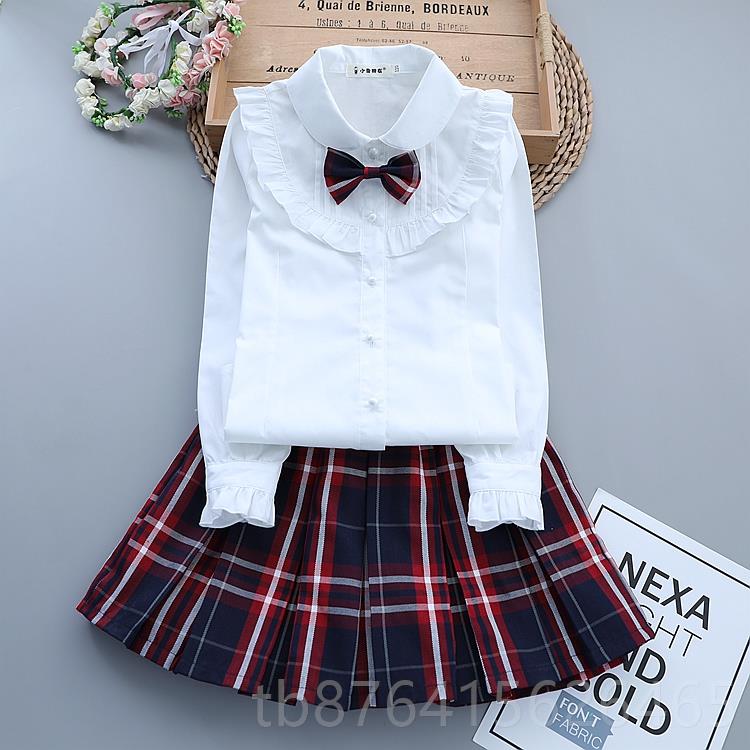 正品女衬衫长袖女纯中大童衬衣翻领童孩白色演出服儿棉童短裙洋气