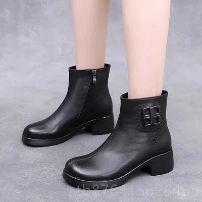 正品真皮子女202新4款秋冬全牛皮粗靴跟妈妈软底短靴加绒厚底季马