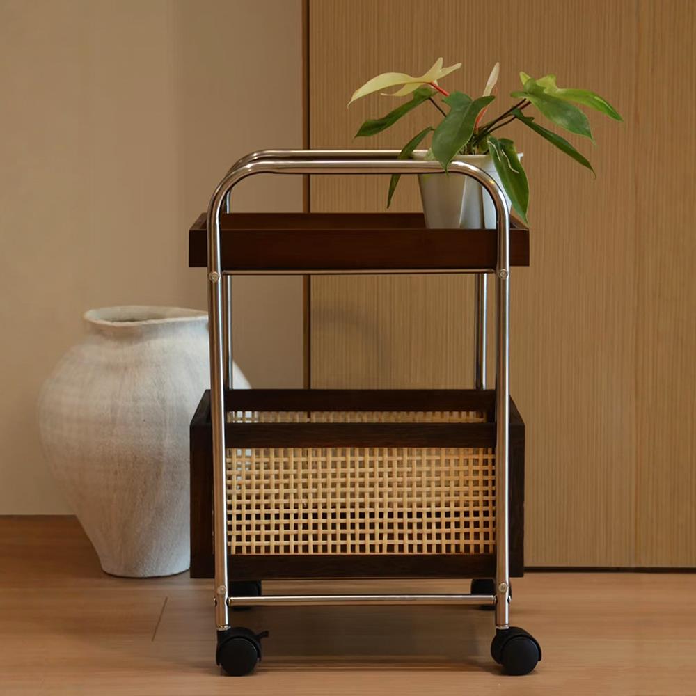 复古小推车零食置物架沙发边几可移动中古风客厅茶几收纳储物架子