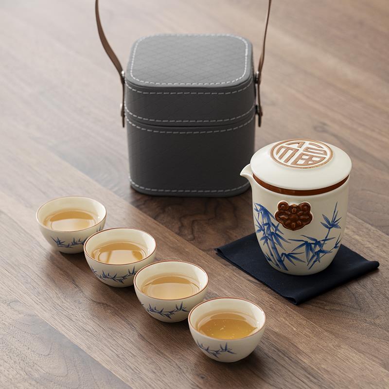 定窑旅行茶具便携式快客杯户外便携露营一壶四杯陶瓷茶壶茶杯定制