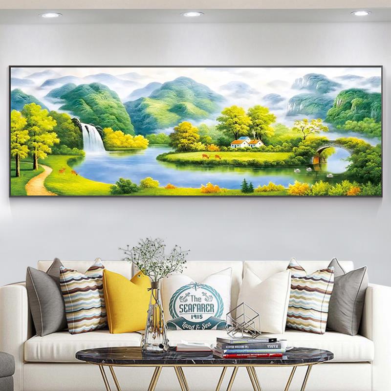 2024新款背有靠山钻石画满钻客厅现代清新流水生财风景点钻十字绣