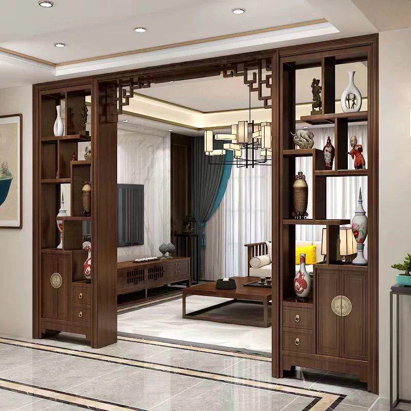 新中式玄关博古架隔断屏风玄关书酒柜入户客厅进门实木月亮门拱门
