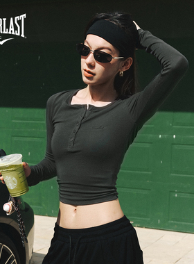 美国EVERLAST拳击运动瑜伽健身短款收腰柔软深灰色亨利领长袖T恤