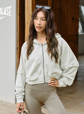 美国EVERLAST拳击高街运动复古短款露腰卫衣重磅纯棉女款连帽外套