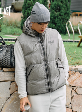 美国EVERLAST拳击运动宽松廓形休闲尼龙鸭绒灰色无袖连帽羽绒马甲