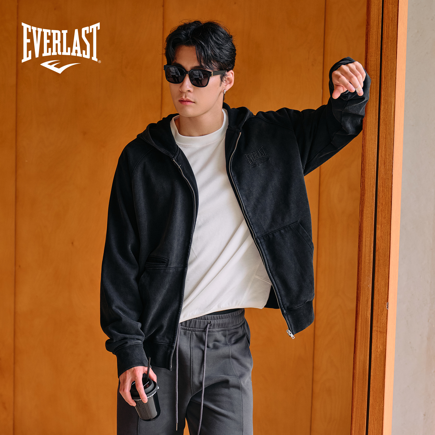 美国EVERLAST拳击高街运动复古腰间抽绳插肩重磅纯棉连帽开衫外套