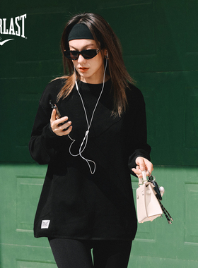 美国EVERLAST拳击美式简约运动宽松柔软垂感纯棉华夫格长袖T恤黑