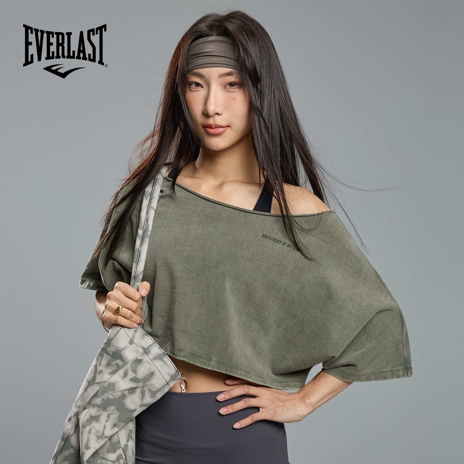 美国EVERLAST拳击健身上衣女短款一字肩露肩瑜伽罩衫运动短袖t恤