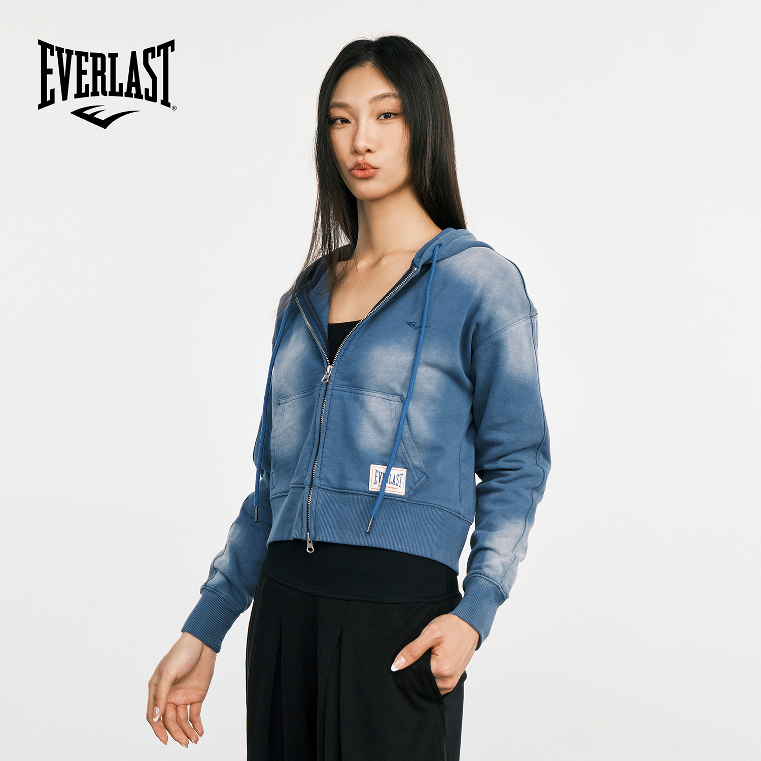 美国EVERLAST拳击高街运动美式复古女款纯棉水洗牛仔夹克连帽外套
