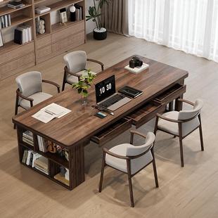 南美胡桃木带书柜收纳抽屉学习办公桌家用客厅阅读全实木大长书桌