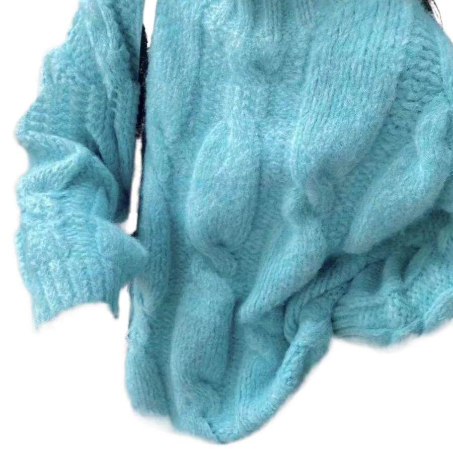 秋春复古日系慵懒克莱因蓝麻花粗麻线半高领软糯中长款针织毛衣女