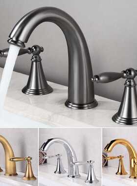 枪灰色冷热面盆水龙头全铜卫生间双把三孔浴室台下盆洗脸盆分体式