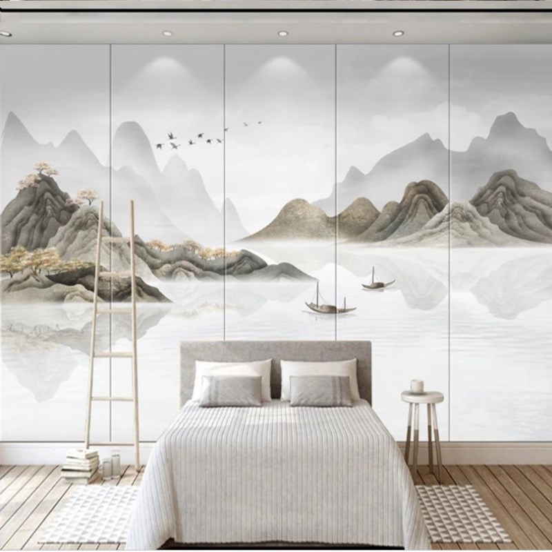 新中式水墨墙纸山水意境壁纸客厅沙发电视背景壁画办公室茶室墙布