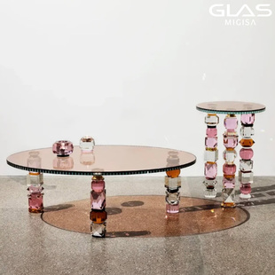 GLASMIGISA意式茶几高级感水晶玻璃彩色轻奢客厅家用圆形边几茶几