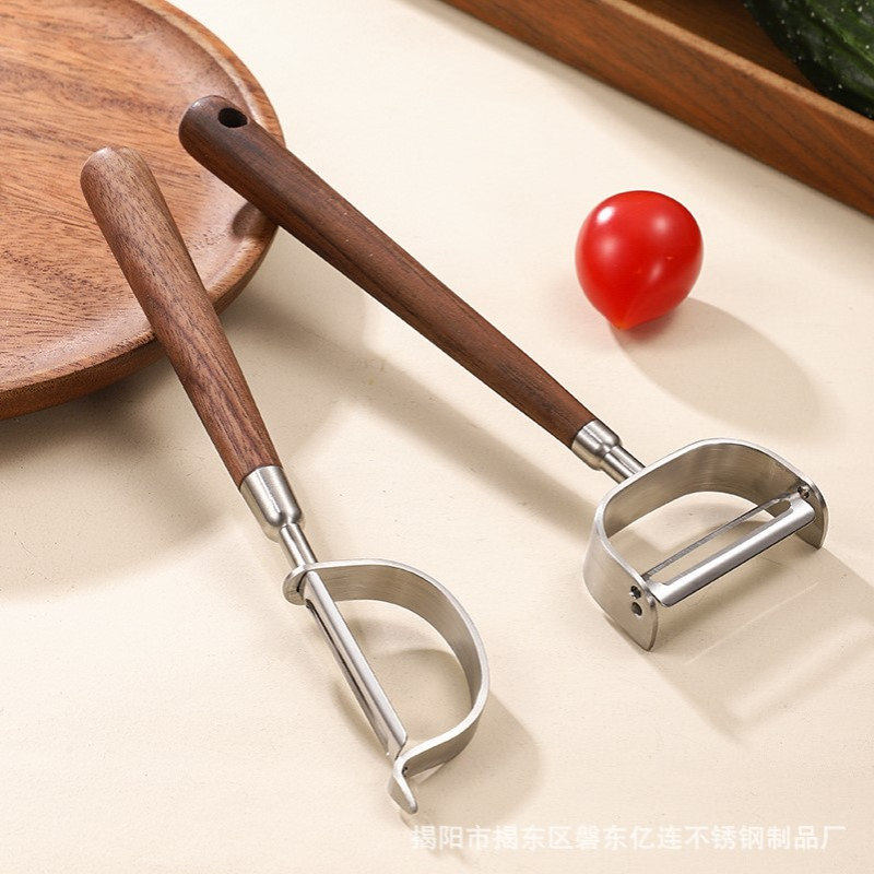 家用304不锈钢胡桃木木柄果蔬削皮刀 家用削皮器厨房小工具削皮刀