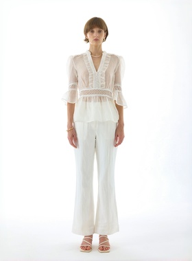 we are kindredJOSEPHINE 白色真丝亚麻蕾丝拼接上衣