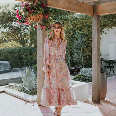 we are kindred《晓雾镜花》粉色重工丝麻长款气质长裙